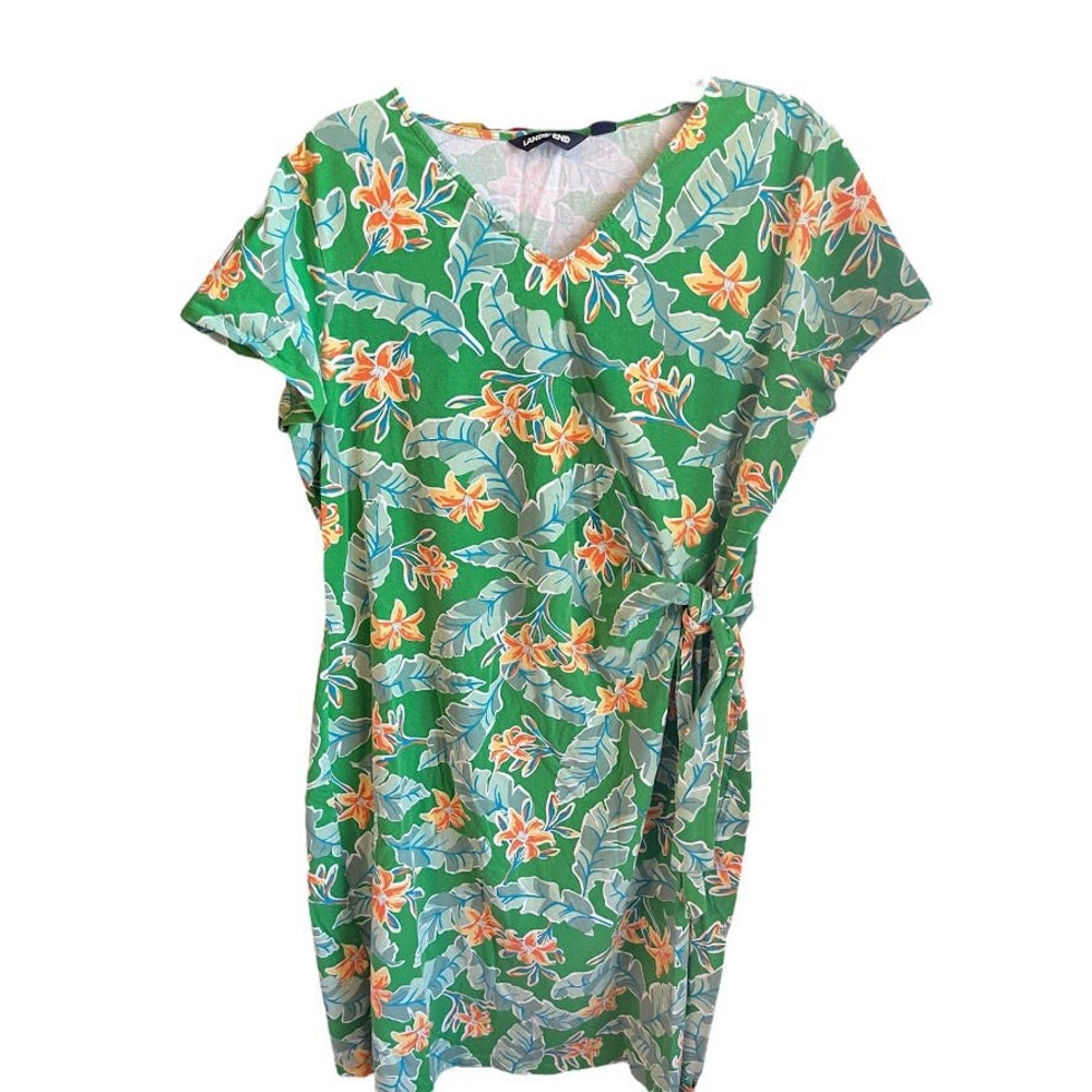 Lands End Green Floral Tropical Wrap Dress Size XL
